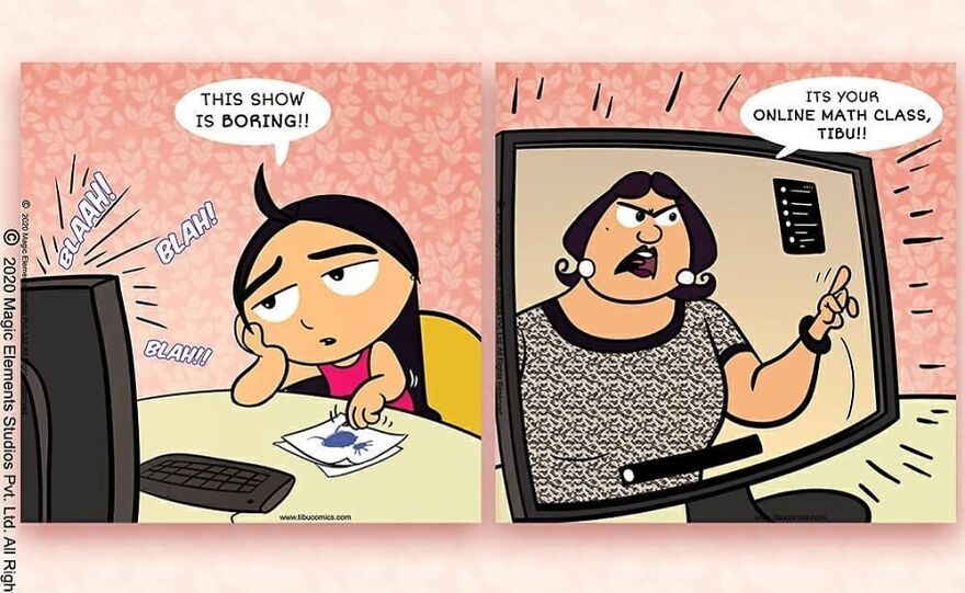 Comic strip featuring Adventures Of Tibu, a spunky girl bored during an online math class, with an adult on the screen.