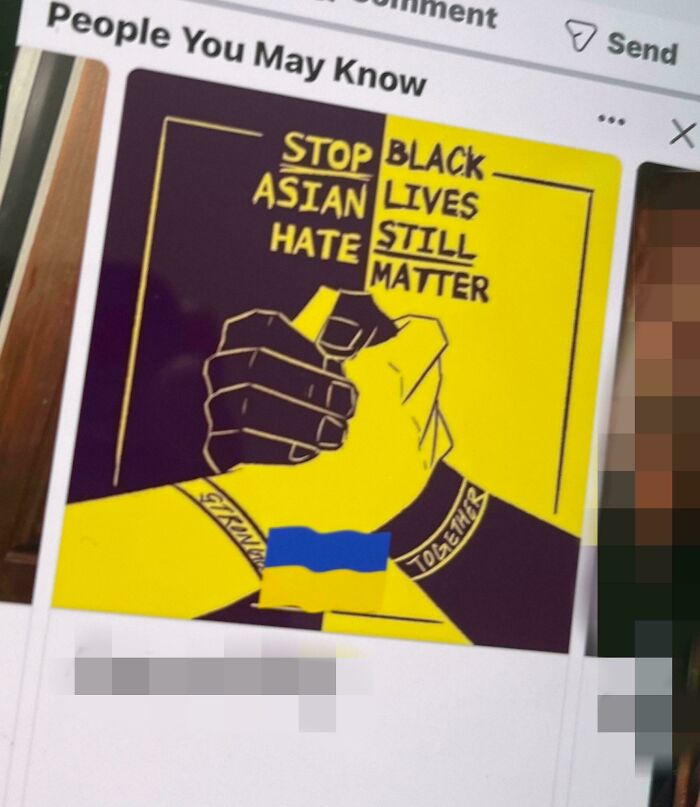 Poster with "Stop Asian Hate" and "Black Lives Still Matter" text in yellow and black, showcasing a sign fail irony.