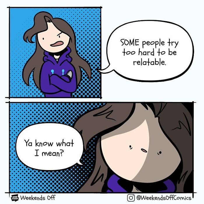 Cartoon character in purple hoodie expressing daily annoyances with relatable humor in Weekends Off comics style.