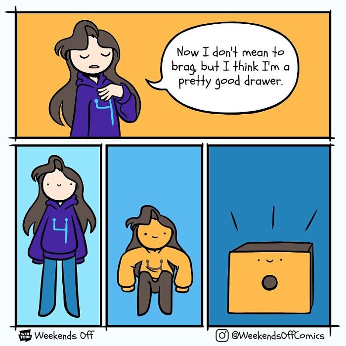 Comic panel from Weekends Off showing a character joking about drawing with a humorous pun on being a good drawer.