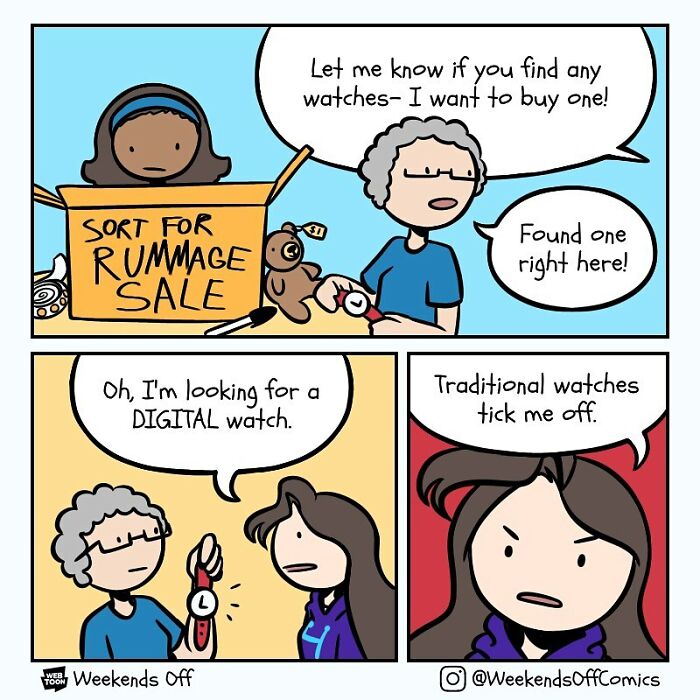 Comic panel from Weekends Off showing a pun about traditional watches ticking off a character’s annoyance.