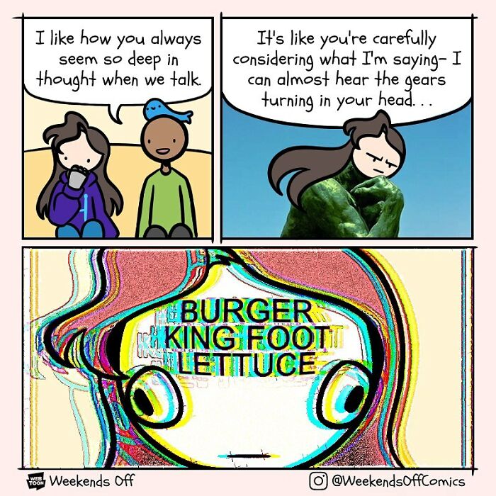 Weekend Off comics cartoon showing puns and daily annoyances with thoughtful characters and surreal humor.