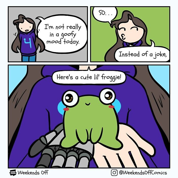 Weekend Off comic panel showing a character sharing daily annoyances with a cute frog, illustrating puns and humor.