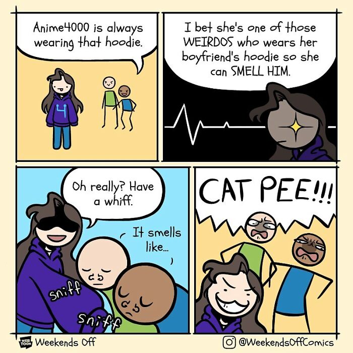 Comic strip from Weekends Off showing life’s daily annoyances and puns with characters discussing a hoodie smell.