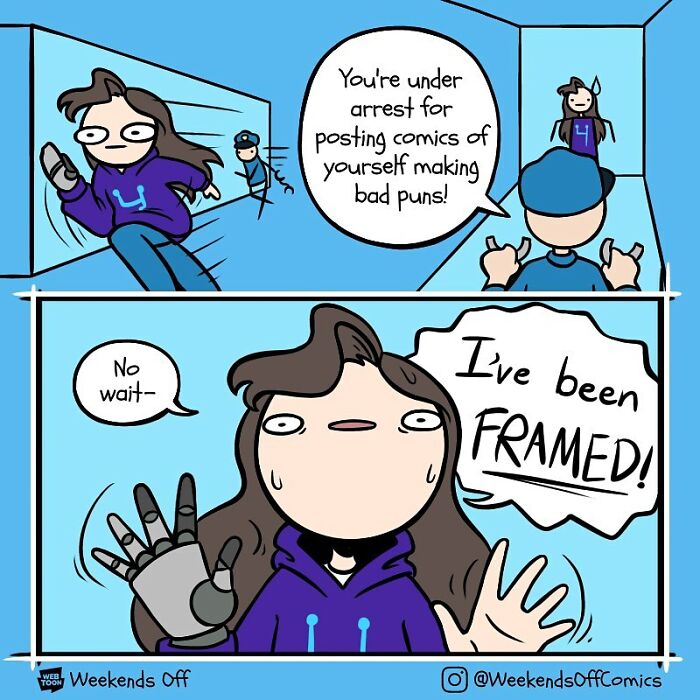 Comic strip from Weekends Off showing a character humorously accused of making bad puns in daily life annoyances.