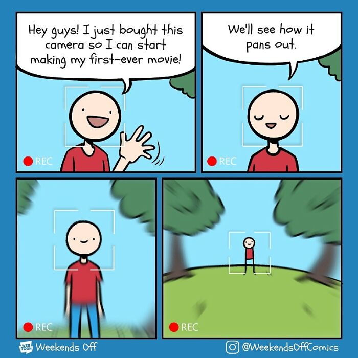 Comic strip from Weekends Off showing life’s daily annoyances and puns with a character making a silly movie.