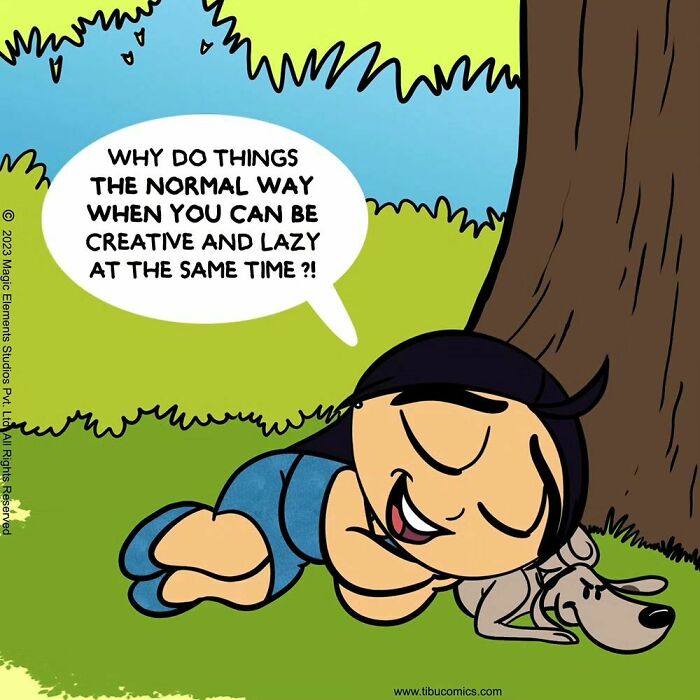Spunky eight-year-old girl from Adventures Of Tibu comics resting under a tree with her dog on grass.