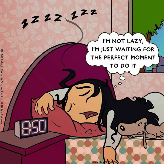 Spunky eight-year-old girl sleeping in bed with dog, thinking about waiting for the perfect moment in Adventures of Tibu comic.