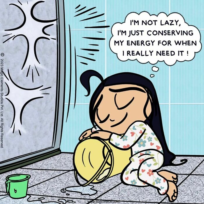 Spunky eight-year-old girl in pajamas resting beside a spilled bucket, conserving energy in a comic panel.