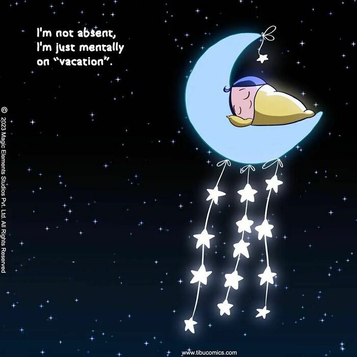Cartoon of a spunky eight-year-old girl sleeping on a crescent moon with glowing stars hanging below her.