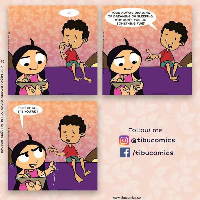 Comic panels featuring a spunky eight-year-old girl from Adventures Of Tibu engaging in a playful conversation at home.