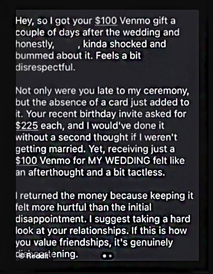 “I Wouldn’t Continue That Friendship”: Bride Returns “Tactless” $100 Venmo Wedding Gift “I Wouldn’t Continue That Friendship”: Bride Returns “Tactless” $100 Venmo Wedding Gift