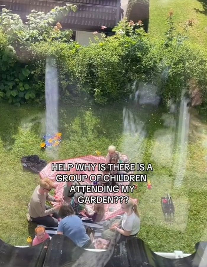 Group of strangers having a picnic in yard while woman watches, baffled and confused by the unexpected gathering. Group of strangers having a picnic in yard while woman watches, baffled and confused by the unexpected gathering.