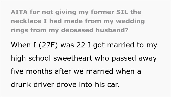 Widow Loves Wearing Her Necklace Made From Her Late Husband’s Wedding Band, SIL Wants It Widow Loves Wearing Her Necklace Made From Her Late Husband’s Wedding Band, SIL Wants It