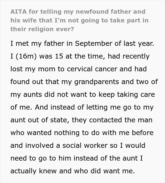 Atheist Teen Forced To Live With Religious Dad Who He Just Met After His Mom Passed Away Atheist Teen Forced To Live With Religious Dad Who He Just Met After His Mom Passed Away