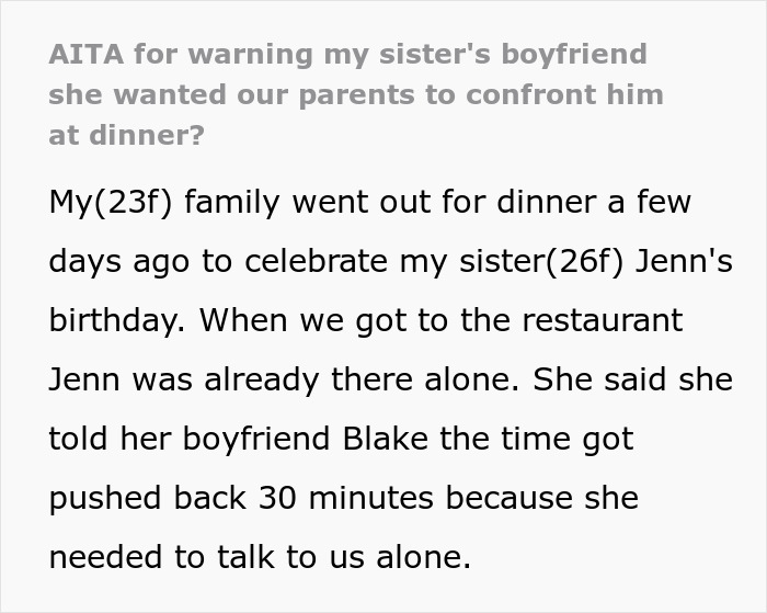 Woman Protects Entitled Sister’s BF From “Intervention” By Telling Him To Skip Dinner With Her Woman Protects Entitled Sister’s BF From “Intervention” By Telling Him To Skip Dinner With Her
