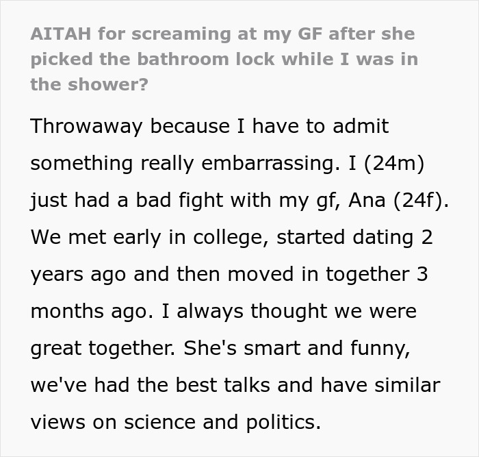 Woman’s Bathroom Break-In Leaves Her In Tears, Man Asks If He Overreacted Woman’s Bathroom Break-In Leaves Her In Tears, Man Asks If He Overreacted