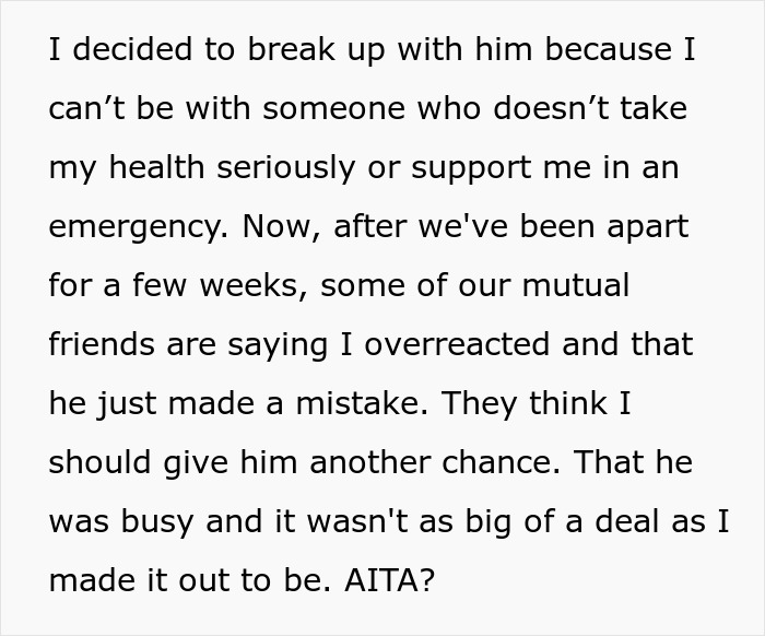 "Am I The Jerk For Breaking Up With My Boyfriend Because He Ignored My Medical Emergency?" "Am I The Jerk For Breaking Up With My Boyfriend Because He Ignored My Medical Emergency?"