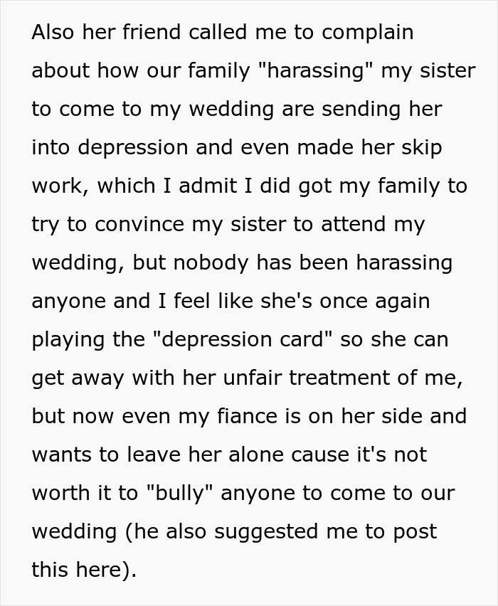 "AITA For Thinking That My Sister Is Selfish For Wanting To Skip My Wedding Cause Of Her 'Trauma'?" "AITA For Thinking That My Sister Is Selfish For Wanting To Skip My Wedding Cause Of Her 'Trauma'?"
