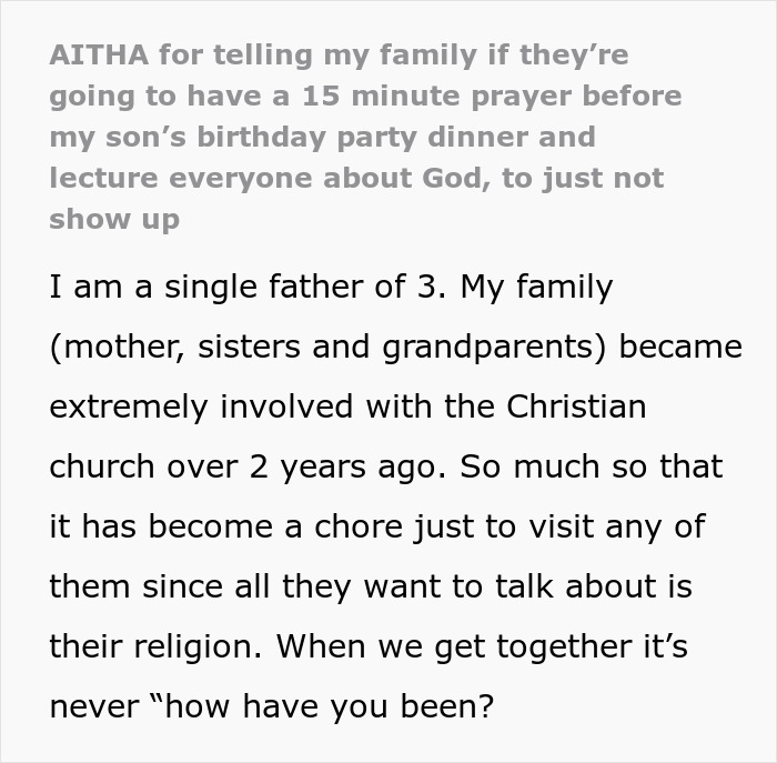 Single Dad Stands Up To His Family When They Try To Make His Son’s Birthday A Religious Event Single Dad Stands Up To His Family When They Try To Make His Son’s Birthday A Religious Event