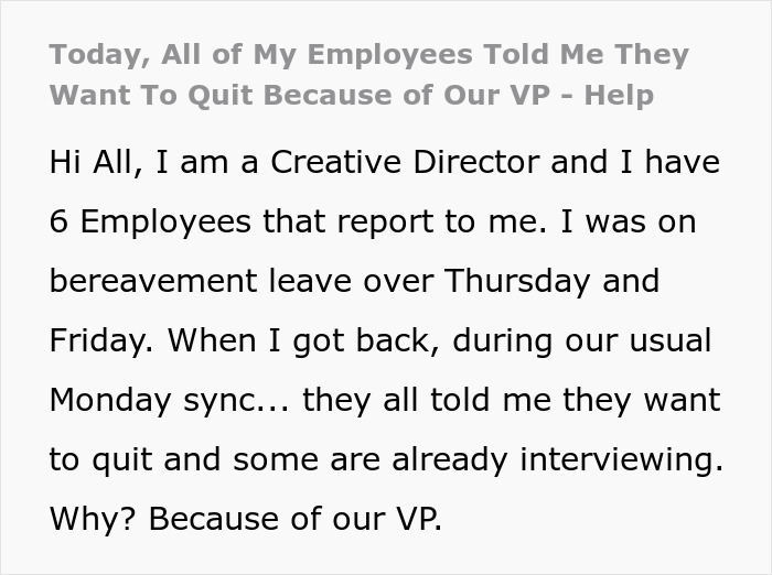 Manager Returns From Bereavement Leave To Find All Of His Employees On The Verge Of Quitting Manager Returns From Bereavement Leave To Find All Of His Employees On The Verge Of Quitting