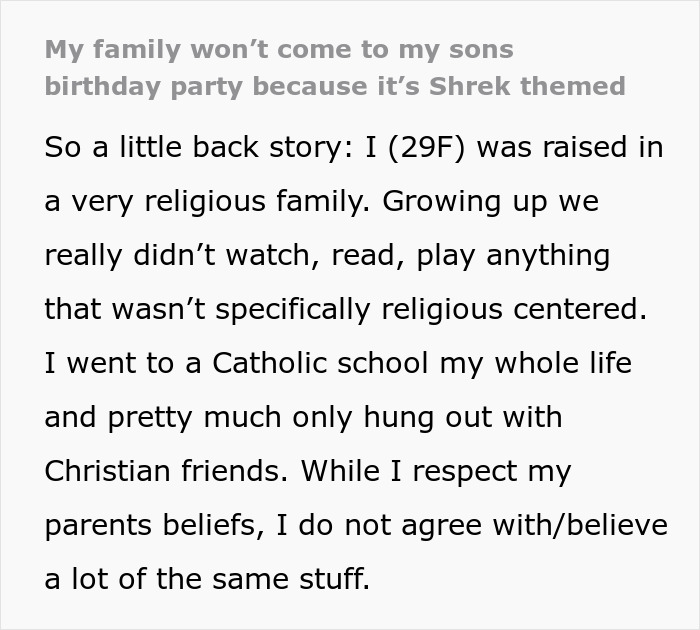 5YO Wants A Shrek-Themed Party, His Cousins Can’t Come Due To Parents’ Religious Views 5YO Wants A Shrek-Themed Party, His Cousins Can’t Come Due To Parents’ Religious Views