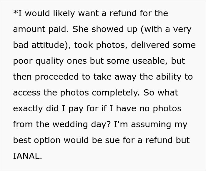 Woman Leaves Bad Review On Wedding Photographer, Gets All The Photos Taken Away Woman Leaves Bad Review On Wedding Photographer, Gets All The Photos Taken Away