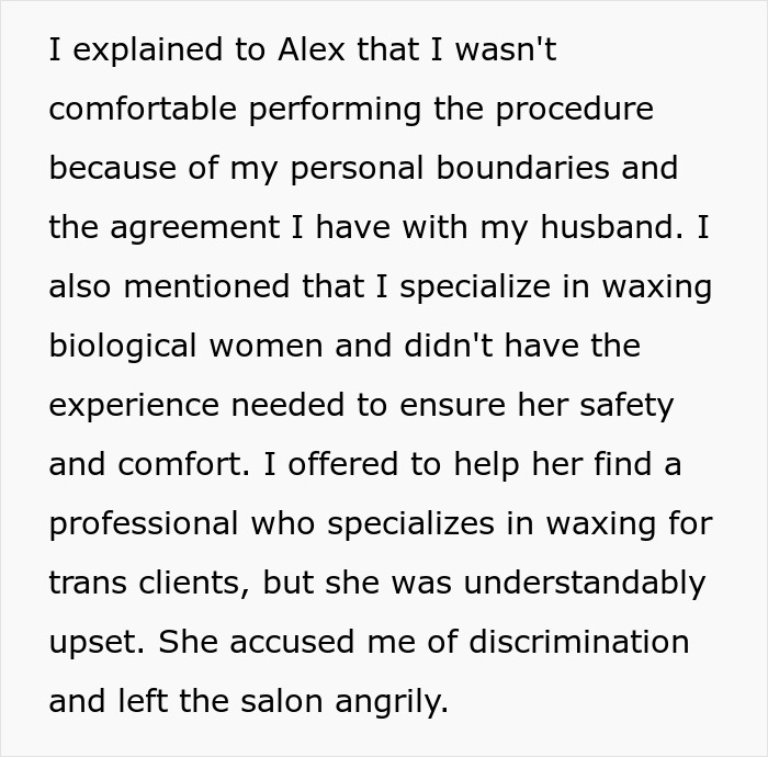 "Am I The Jerk For Refusing To Wax A Trans Woman Because I Didn't Want To Touch Male Genitalia?" "Am I The Jerk For Refusing To Wax A Trans Woman Because I Didn't Want To Touch Male Genitalia?"
