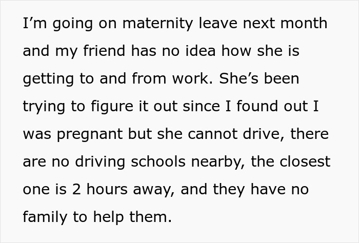 “AITA For Refusing To Ask My Partner If He’ll Drive My Friend To Work When I Go On Maternity Leave?” “AITA For Refusing To Ask My Partner If He’ll Drive My Friend To Work When I Go On Maternity Leave?”