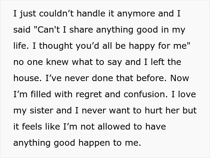 "AITA For What I Said? My Family Won’t Let Me Share Any Good News Because Of My Sister's Disability" "AITA For What I Said? My Family Won’t Let Me Share Any Good News Because Of My Sister's Disability"