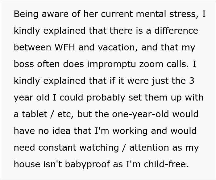 Woman Can’t Understand The Difference Between WFH And A Vacation, Demands Sister Babysit Woman Can’t Understand The Difference Between WFH And A Vacation, Demands Sister Babysit