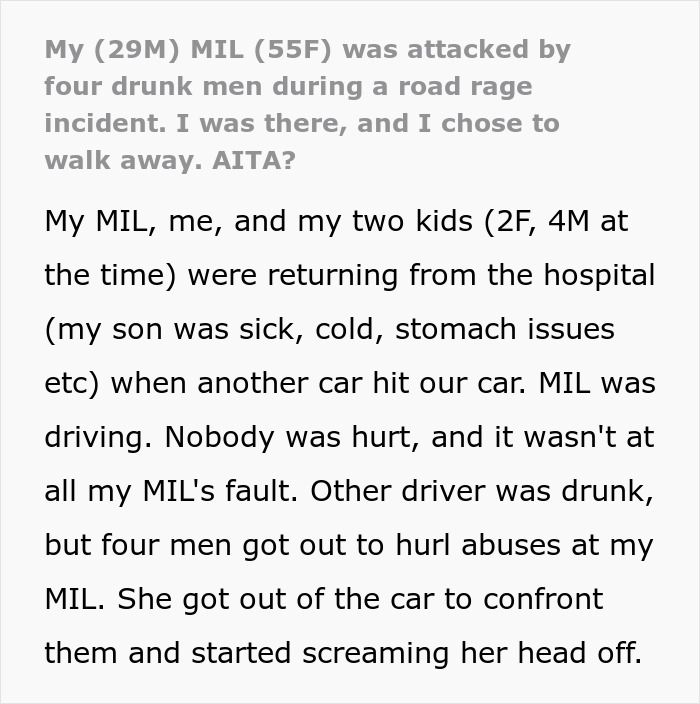 Man Racked With Guilt For Leaving MIL Alone To Fight Off 4 Drunk Men, Seeks Advice Online Man Racked With Guilt For Leaving MIL Alone To Fight Off 4 Drunk Men, Seeks Advice Online