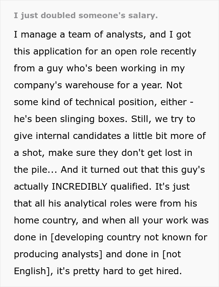 Boss Decides To Promote Blue-Collar Immigrant To Analyst Position, Learns He Has Great Qualification Boss Decides To Promote Blue-Collar Immigrant To Analyst Position, Learns He Has Great Qualification