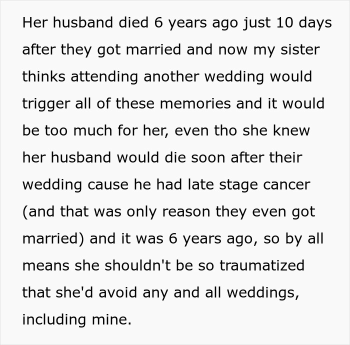 "AITA For Thinking That My Sister Is Selfish For Wanting To Skip My Wedding Cause Of Her 'Trauma'?" "AITA For Thinking That My Sister Is Selfish For Wanting To Skip My Wedding Cause Of Her 'Trauma'?"