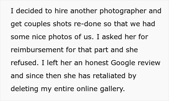 Woman Leaves Bad Review On Wedding Photographer, Gets All The Photos Taken Away Woman Leaves Bad Review On Wedding Photographer, Gets All The Photos Taken Away