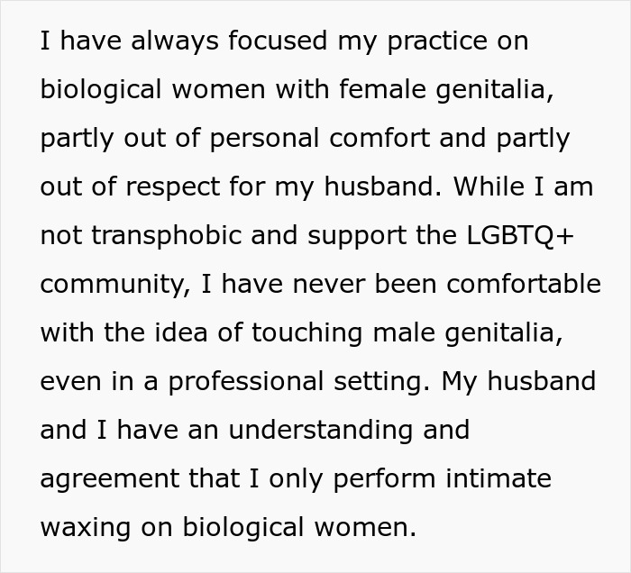 "Am I The Jerk For Refusing To Wax A Trans Woman Because I Didn't Want To Touch Male Genitalia?" "Am I The Jerk For Refusing To Wax A Trans Woman Because I Didn't Want To Touch Male Genitalia?"