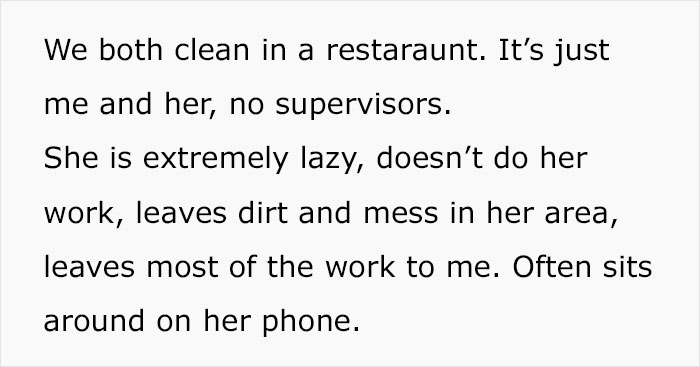 Lady Tells Boss Coworker Isn't Doing Her Job, He Insults Her Instead, Says Snitching Is Disgusting Lady Tells Boss Coworker Isn't Doing Her Job, He Insults Her Instead, Says Snitching Is Disgusting