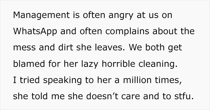 Lady Tells Boss Coworker Isn't Doing Her Job, He Insults Her Instead, Says Snitching Is Disgusting Lady Tells Boss Coworker Isn't Doing Her Job, He Insults Her Instead, Says Snitching Is Disgusting