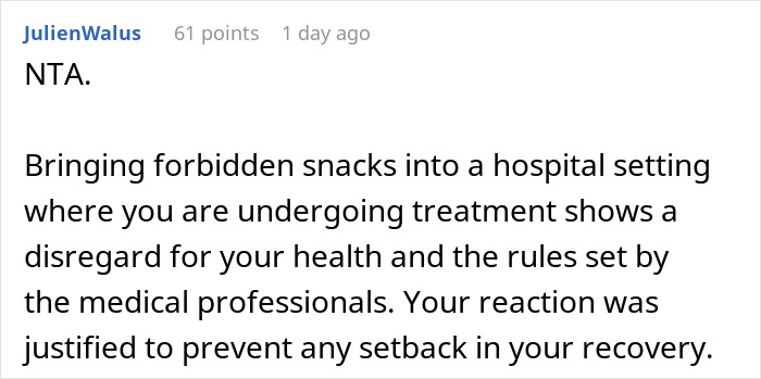 "AITA For Reporting My Wife For Bringing Me Snacks In The Hospital?" "AITA For Reporting My Wife For Bringing Me Snacks In The Hospital?"