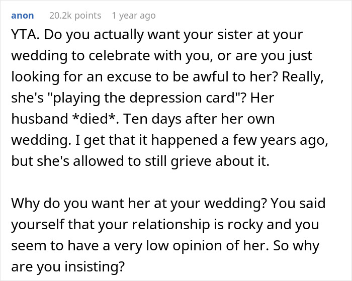 "AITA For Thinking That My Sister Is Selfish For Wanting To Skip My Wedding Cause Of Her 'Trauma'?" "AITA For Thinking That My Sister Is Selfish For Wanting To Skip My Wedding Cause Of Her 'Trauma'?"