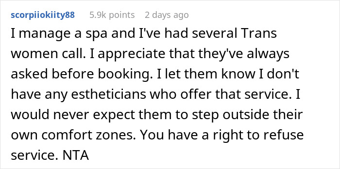 "Am I The Jerk For Refusing To Wax A Trans Woman Because I Didn't Want To Touch Male Genitalia?" "Am I The Jerk For Refusing To Wax A Trans Woman Because I Didn't Want To Touch Male Genitalia?"