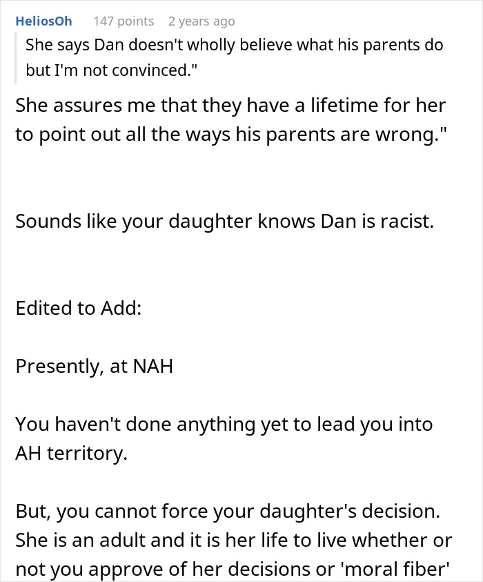 "AITA For Telling My Daughter She Cannot Marry A Racist?" "AITA For Telling My Daughter She Cannot Marry A Racist?"