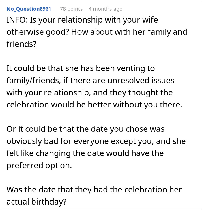 Man Furious After In-Laws Exclude Him From Wife's Secret Birthday Dinner, She Defends Them Man Furious After In-Laws Exclude Him From Wife's Secret Birthday Dinner, She Defends Them