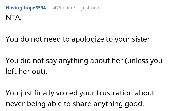 "AITA For What I Said? My Family Won’t Let Me Share Any Good News Because Of My Sister's Disability" "AITA For What I Said? My Family Won’t Let Me Share Any Good News Because Of My Sister's Disability"