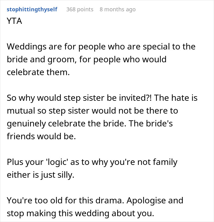 Bride Won't Invite Stepsis To Her Wedding As She’s Not Family, Mom Says Then She’s Not Family Either Bride Won't Invite Stepsis To Her Wedding As She’s Not Family, Mom Says Then She’s Not Family Either