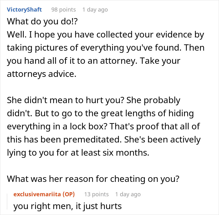 "Dude, She Planned Her Moves": Wife's Infidelity Comes To Light When Her Secret Love Box Is Found "Dude, She Planned Her Moves": Wife's Infidelity Comes To Light When Her Secret Love Box Is Found