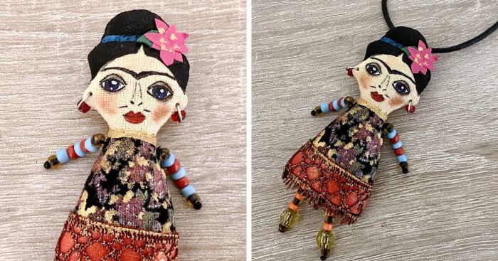 My Handmade Brooch, Pendant, Necklace Frida Art Doll