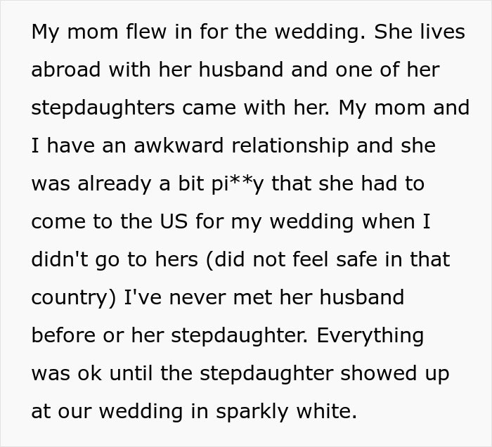 “Saw My Wife’s Face Drop”: Groom’s Stepsister Shows Up To Wedding Wearing White “Saw My Wife’s Face Drop”: Groom’s Stepsister Shows Up To Wedding Wearing White