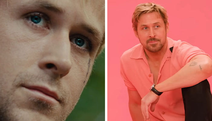 Before-and-after images featuring Ryan Gosling, showcasing a stunning transformation in appearance. Before-and-after images featuring Ryan Gosling, showcasing a stunning transformation in appearance.