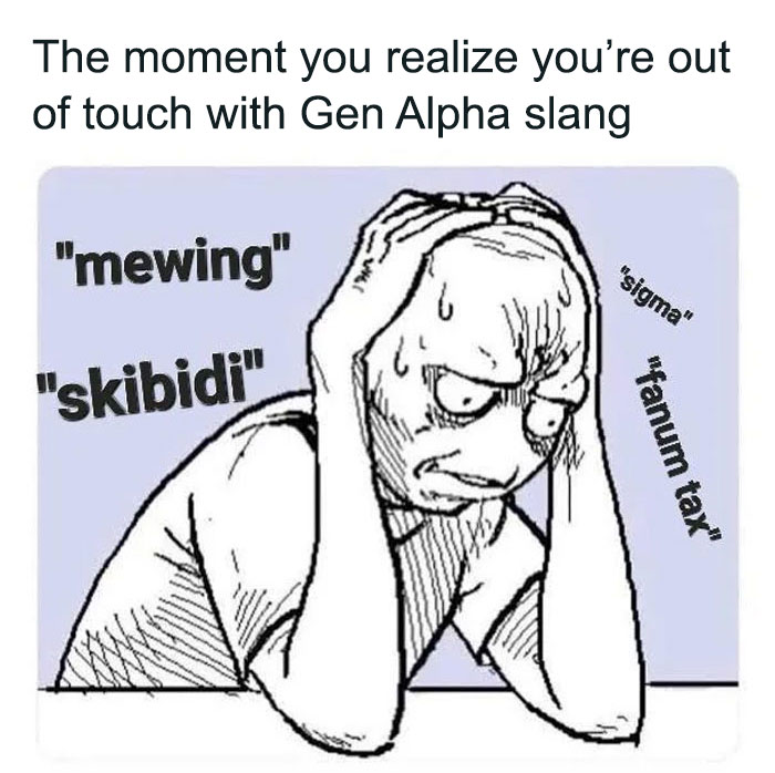 Confused cartoon figure overwhelmed by mewing meme and Gen Alpha slang. Confused cartoon figure overwhelmed by mewing meme and Gen Alpha slang.